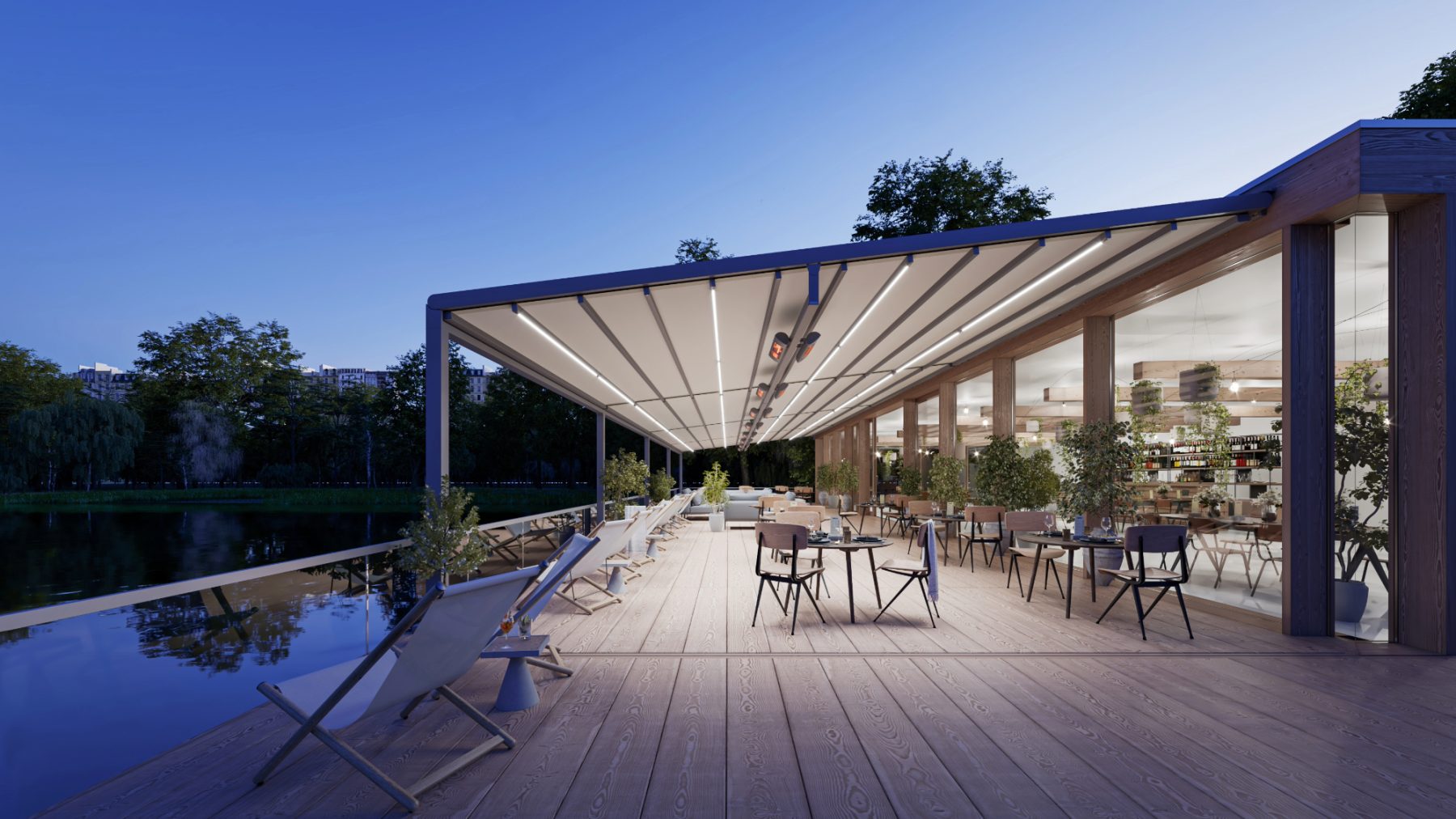 Markilux Pergola Stretch retractable awning open over a waterfront restaurant terrace at dusk, cream fabric canopy with dark aluminium frame and integrated LED strip lighting, outdoor dining tables below